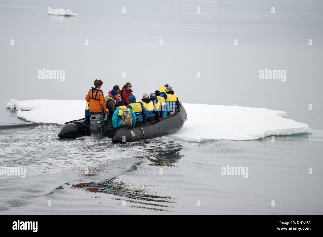 Antartide - un Zodiac con i turisti si rompe attraverso un sottile foglio di mare di ghiaccio nei pressi di Galindez Island in Antartide. Foto Stock