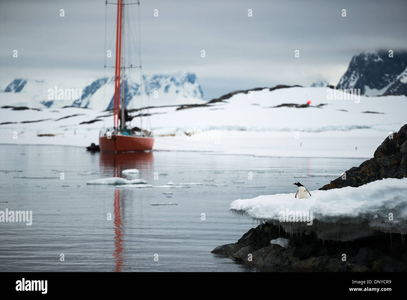 Antartide - un ancore salboat accanto alla riva Galindez isola vicino alla ricerca Vernadsky Base sulla penisola antartica. Foto Stock