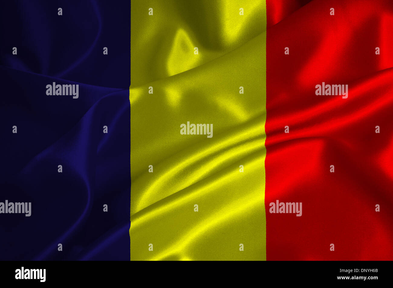 Bandiera della Romania sulla tessitura satinata. Foto Stock