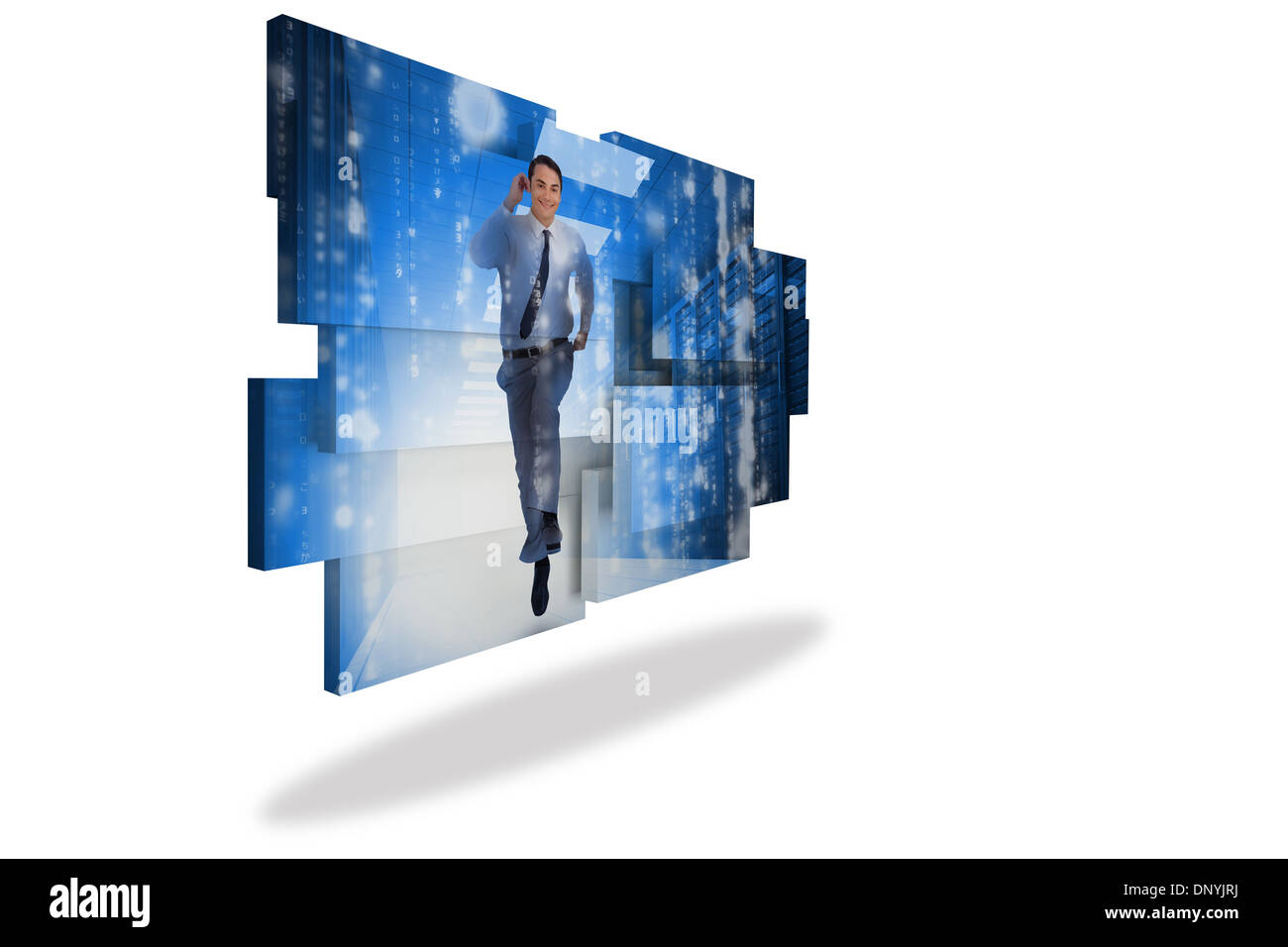 Imprenditore nel centro dati sulla schermata astratto Foto Stock