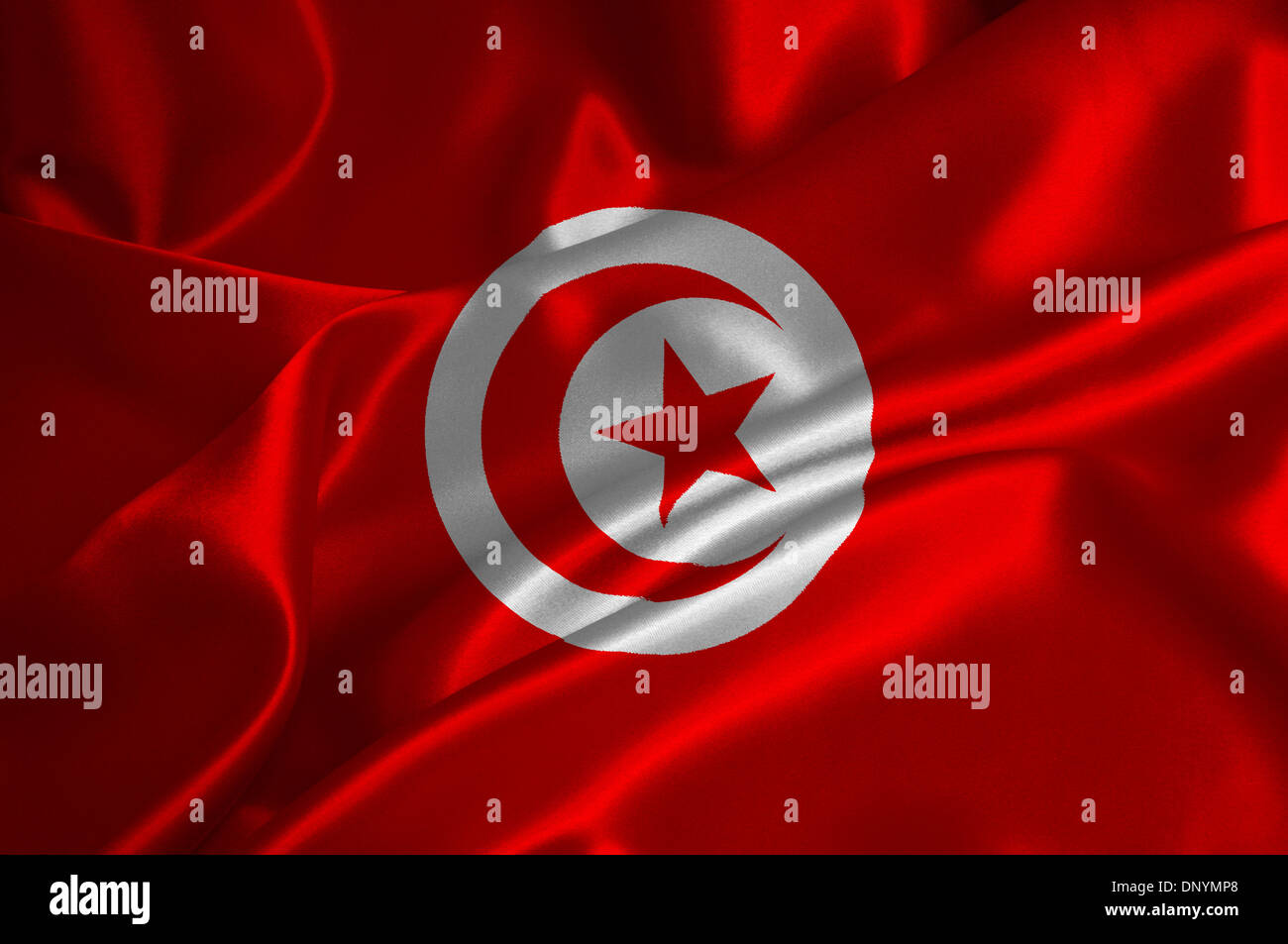 Bandiera della Tunisia su raso texture. Foto Stock