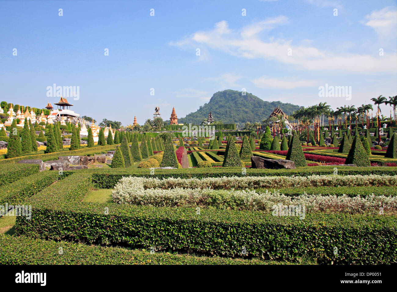 Il paesaggio della Thailandia del giardino e le montagne sullo sfondo. Foto Stock