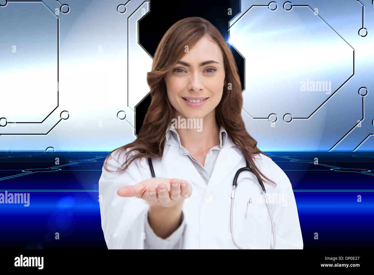 Immagine composita del ritratto femminile di infermiere tenendo fuori aprire palm Foto Stock