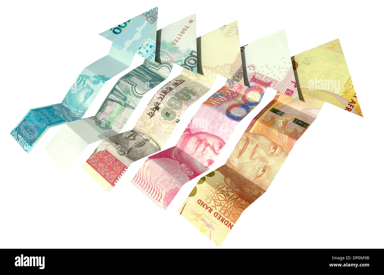 Un gruppo di cinque a forma di freccia ascendente delle note che rappresentano le cinque nazioni BRICS isolato su un fondo bianco Foto Stock