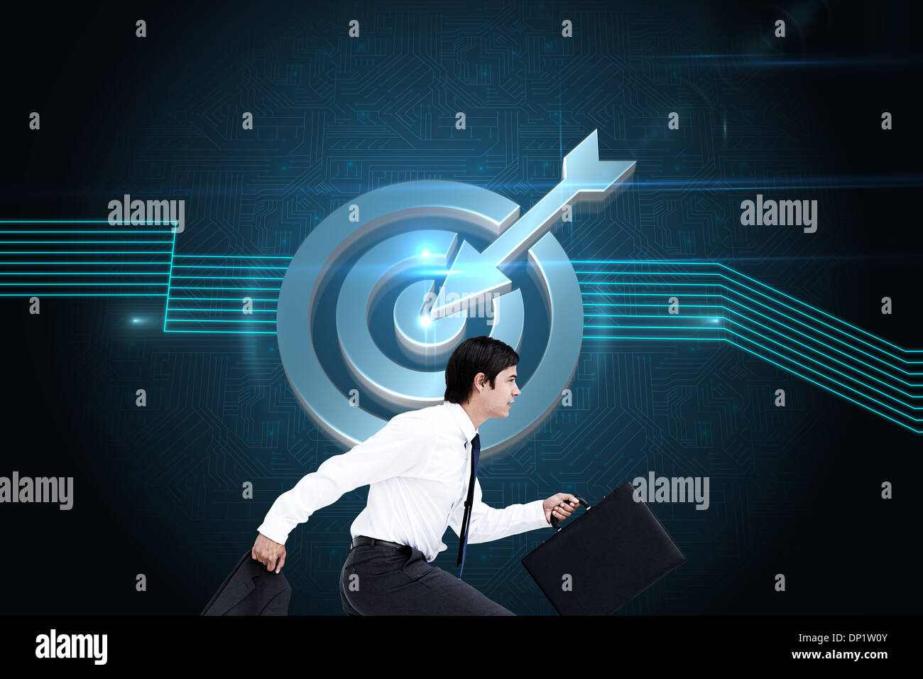 Immagine composita della vista laterale del commerciante a piedi con la camicia e la valigia Foto Stock