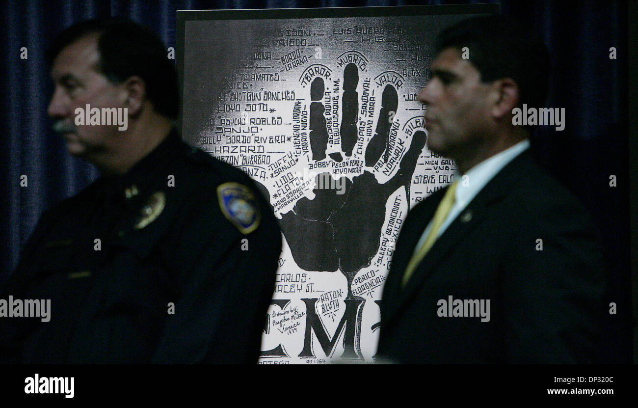 Jun 16, 2006; San Diego, CA, Stati Uniti d'America; U.S. Funzionari di polizia telaio un poster che mostra il simbolo del messicano Mafai, la mano nera, durante una conferenza stampa dal procuratore Carol Lam dove ha annunciato la inditements di più di trenta membri della mafia messicana in occasione di una conferenza stampa venerdì. La Mano Nera utilizza le proprie dita per rappresentare i valori fondamentali della mafia Messicana: ve Foto Stock