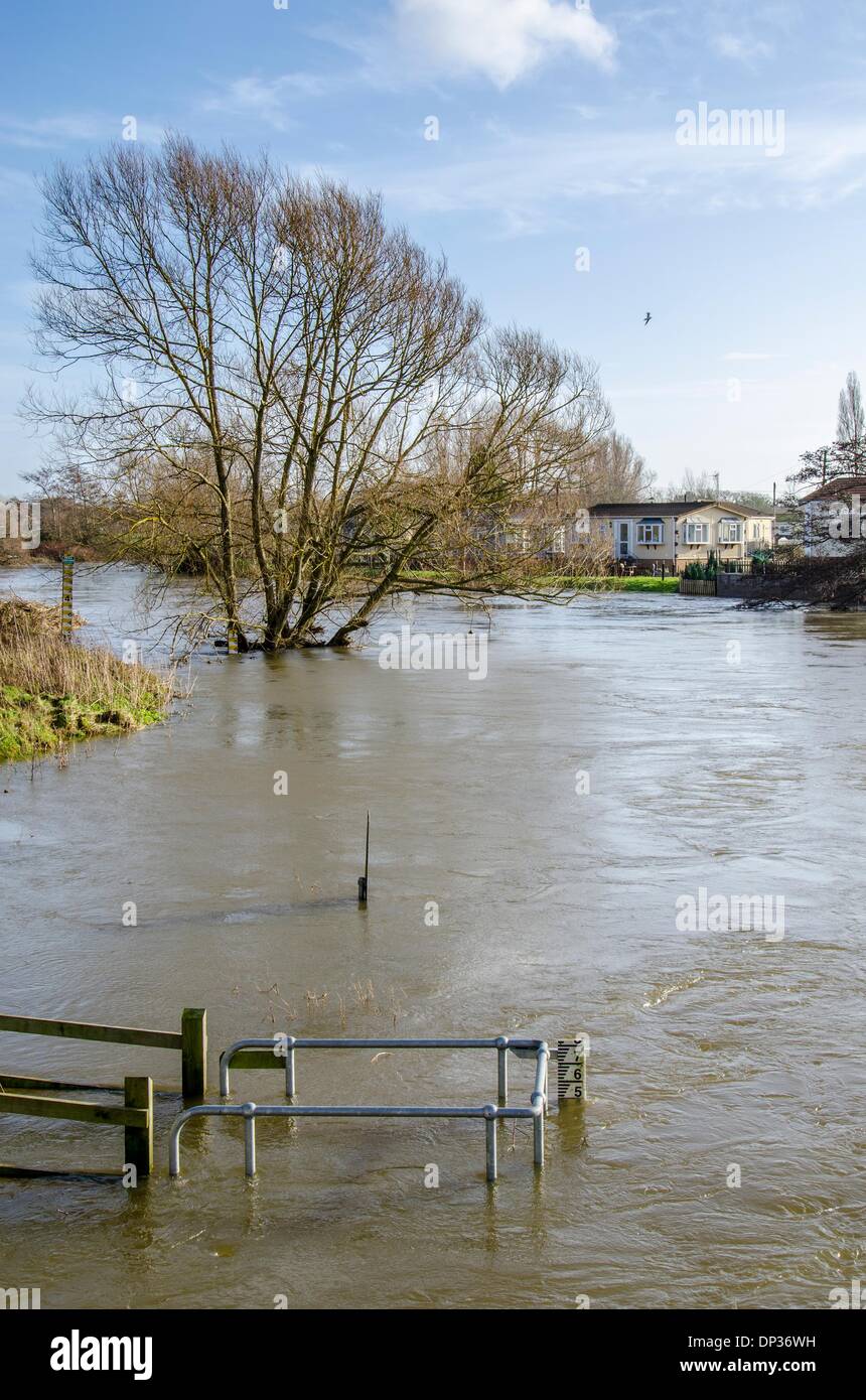 Acqua di fiume calibro di profondità dal ponte Iford Home Park, Bournemouth Dorset, Regno Unito. Che mostra la profondità il 7 gennaio 2014. inondazione dal Stour a ponte Iford Home Park vicino a Bournemouth, dove tutte le 90 residenti sono stati costretti a spostarsi fuori. Credito: Mike McEnnerney/Alamy Live News Foto Stock