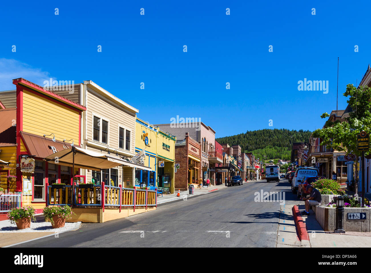 Negozi sulla strada principale nel centro di Park City, Utah, Stati Uniti d'America Foto Stock