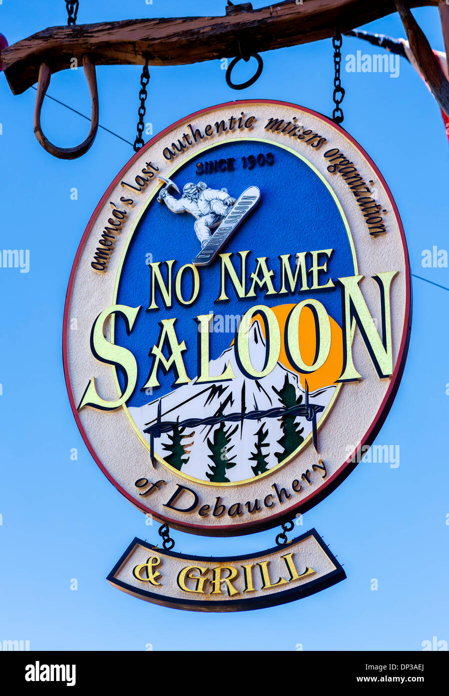 Segno per il No Name Saloon sulla strada principale nel centro di Park City, Utah, Stati Uniti d'America Foto Stock