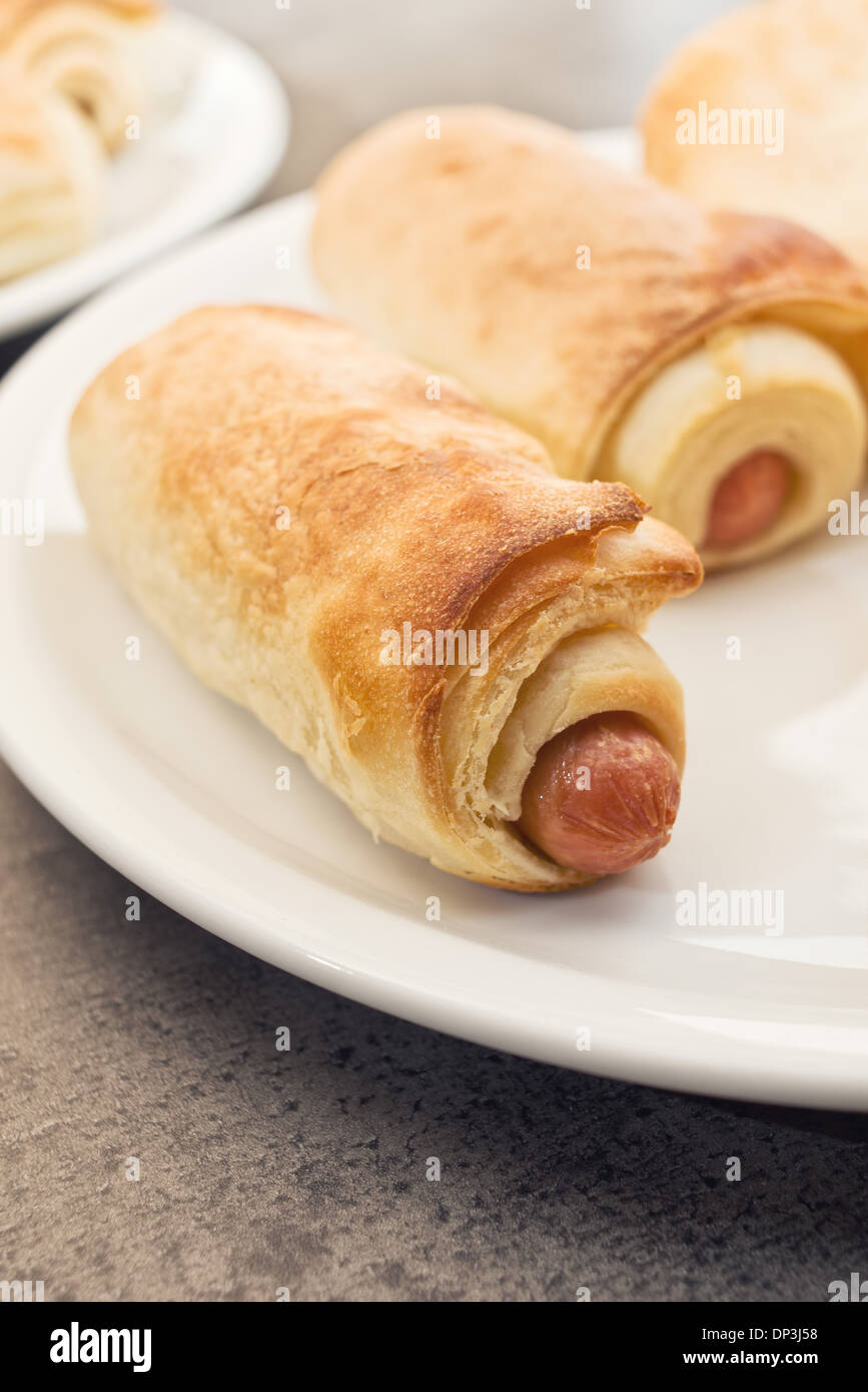 Hot Dog junk food su una piastra, chiudere l'immagine con profondità di campo e la messa a fuoco selettiva. Foto Stock