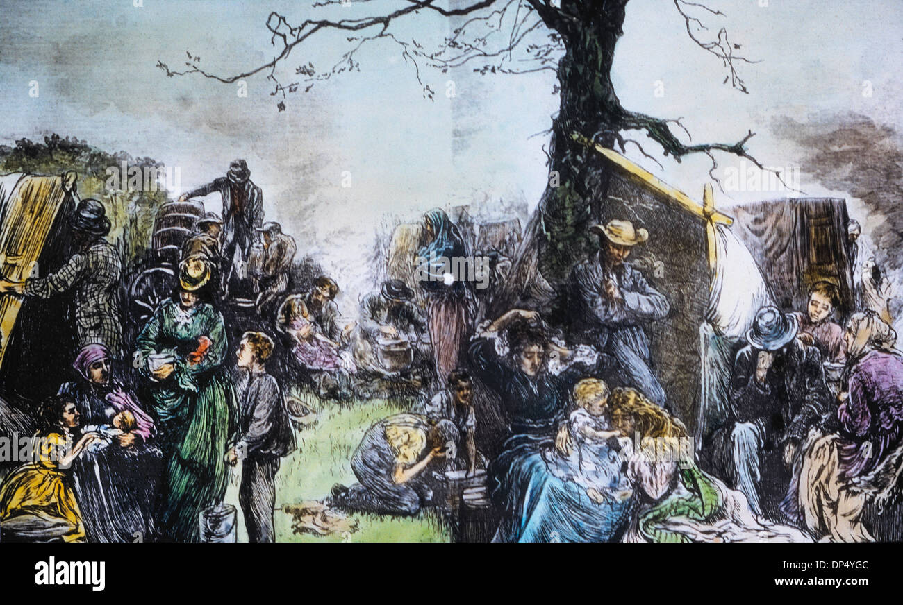 Refugee Camp dopo il grande incendio di Chicago, Chicago, Illinois, USA, Hand-Colored lantern slide, 1871 Foto Stock