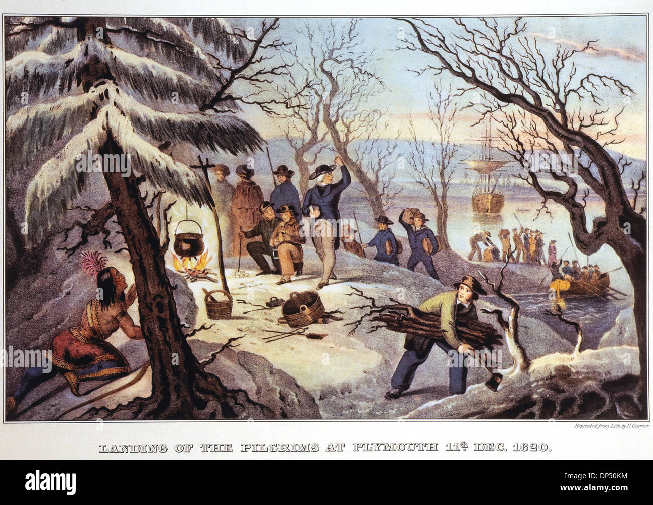 Lo sbarco dei pellegrini a Plymouth Rock, 11 dicembre 1620, litografia, Currier & Ives Foto Stock