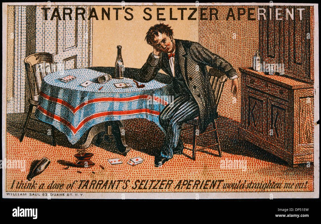 Uomo seduto al tavolo del Poker, Tarrant's Seltzer Aperient, Vintage scheda commerciale, circa 1900 Foto Stock