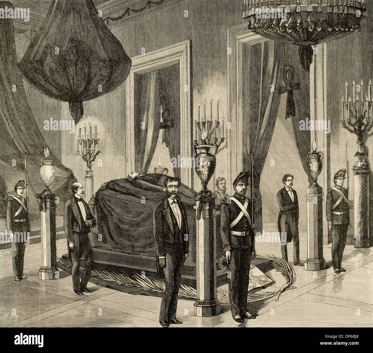 Benito Juarez (1806-1872). Il presidente del Messico. Il cadavere di presidente esposti nella sala principale del palazzo. Incisione. Foto Stock