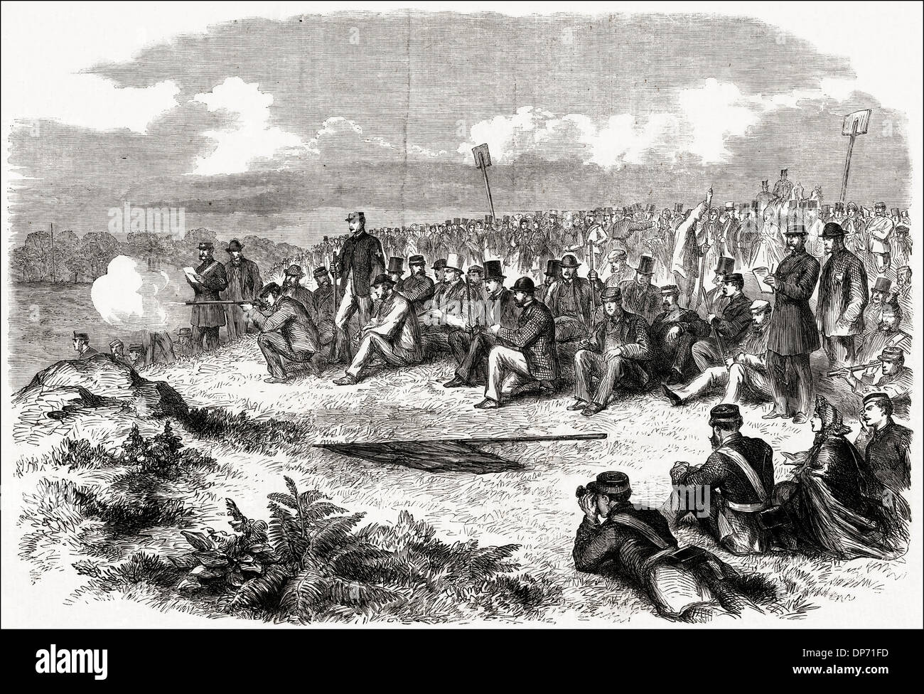 Corrispondenza tra i signori e Commons presso la National Rifle Association concorso annuale di Wimbledon Common Londra England Regno Unito. Victorian xilografia incisione circa 1862 Foto Stock