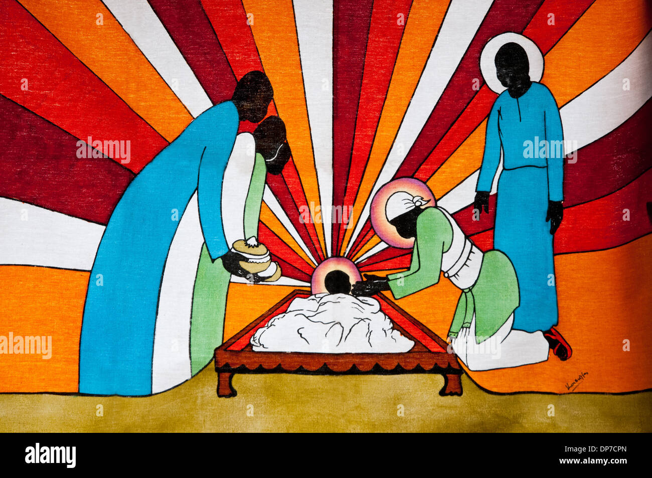 Batik africani che mostra presepe con Cristo Bambino vergine Maria e Giuseppe con aloni di tre uomini saggi con doni e del tramonto sullo sfondo Foto Stock