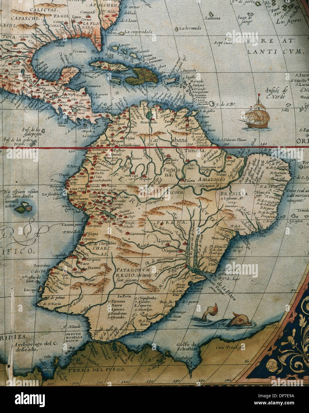 Mappa di America Centrale e America del Sud. Theatrum Orbis Terrarum di Abraham Ortelius (1527-1598). Prima edizione. Anversa, 1574. Foto Stock