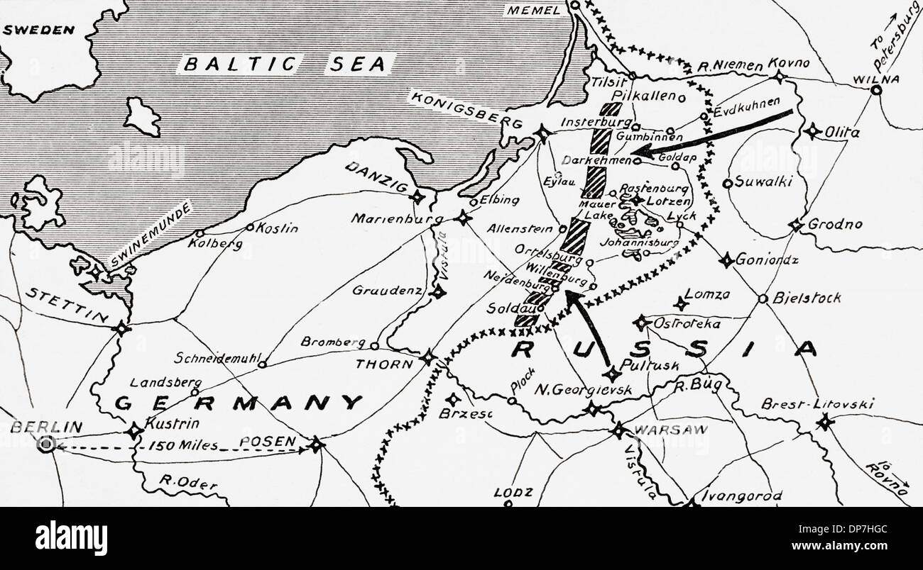Mappa che illustra l'anticipo dell'esercito russo di invasione nella parte orientale della Germania, durante la prima guerra mondiale Foto Stock