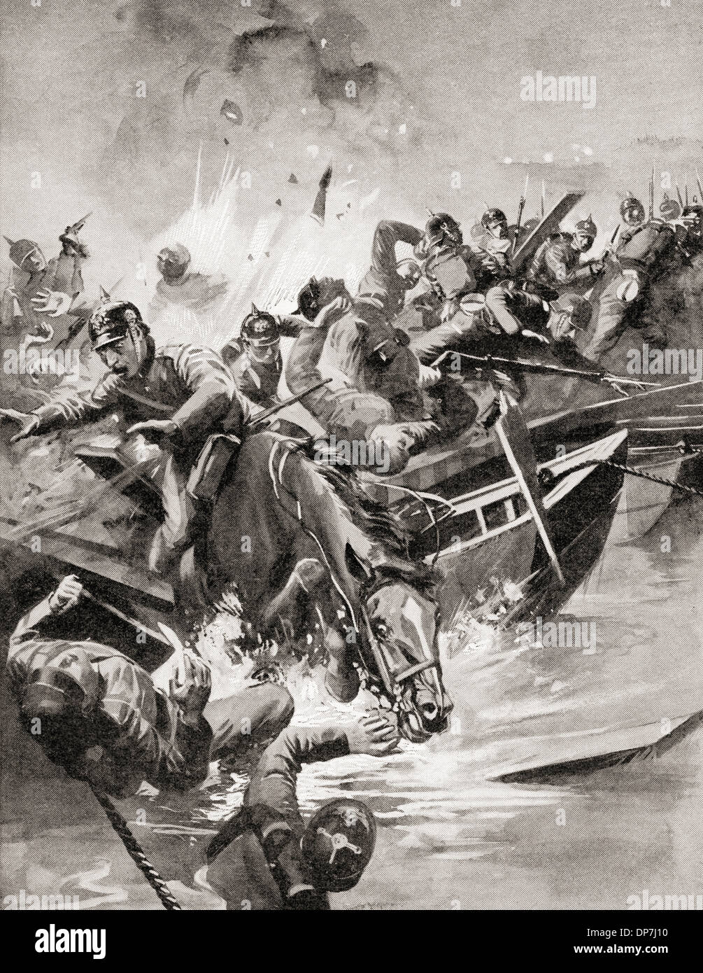 Le truppe tedesche hanno attaccato dai russi in generale Rennenkampf mentre tenta di attraversare il fiume Niemen, 25 Settembre 1914 Foto Stock