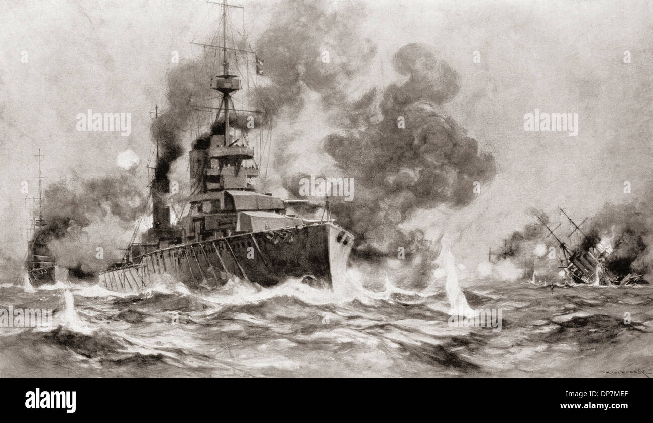 HMS Arethusa portando la flotta britannica ed affondando navi tedesche durante la Battaglia di Helgoland ansa nel Mare del Nord durante la prima guerra mondiale. Foto Stock