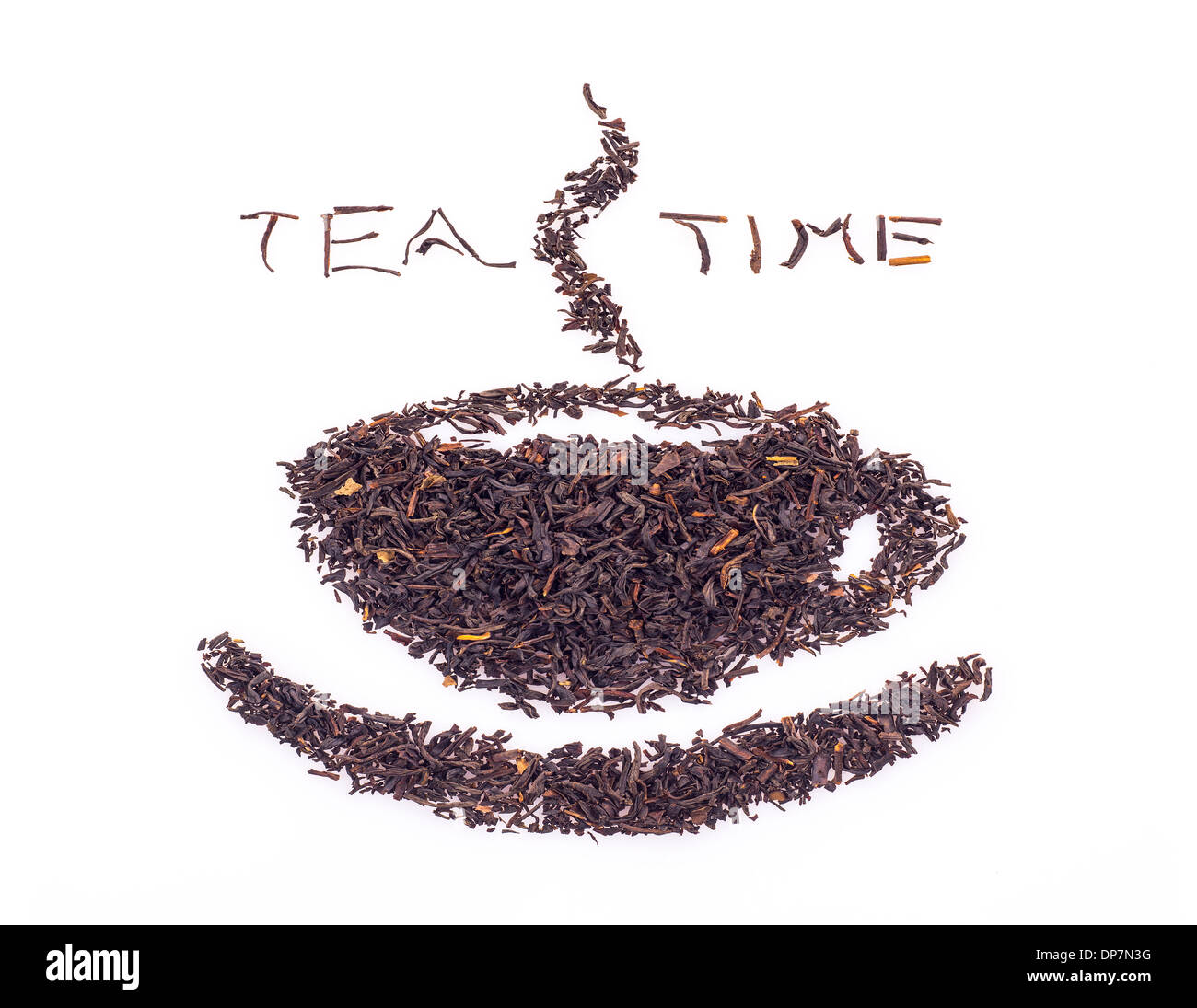 Tealeaves a forma di tazza di tè isolato Foto Stock
