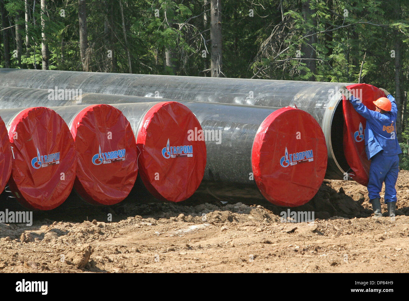 Costruzione del progetto Russian-German - North European Gas Pipeline in San Pietroburgo regione. Gasdotto nordeuropeo darà la Russia l'alternativa rout (in alternativa al gasdotto ucraino) per l'alimentazione dei paesi occidentali di gas naturale russo.(Immagine di credito: © PhotoXpress/ZUMA Premere) Restrizioni: Nord e Sud America diritti solo! Foto Stock