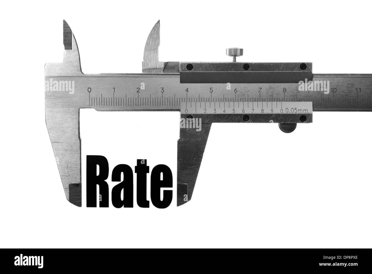 Immagine ravvicinata di un calibro misura la parola "rate' Foto Stock