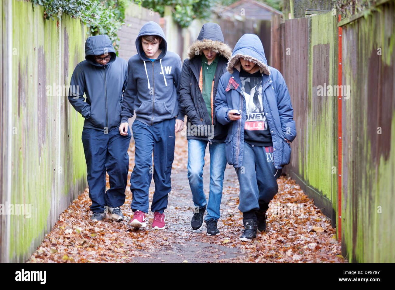 Un gruppo di ragazzi adolescenti in hoodies camminare insieme verso il basso un vicoletto suburbana. Foto Stock