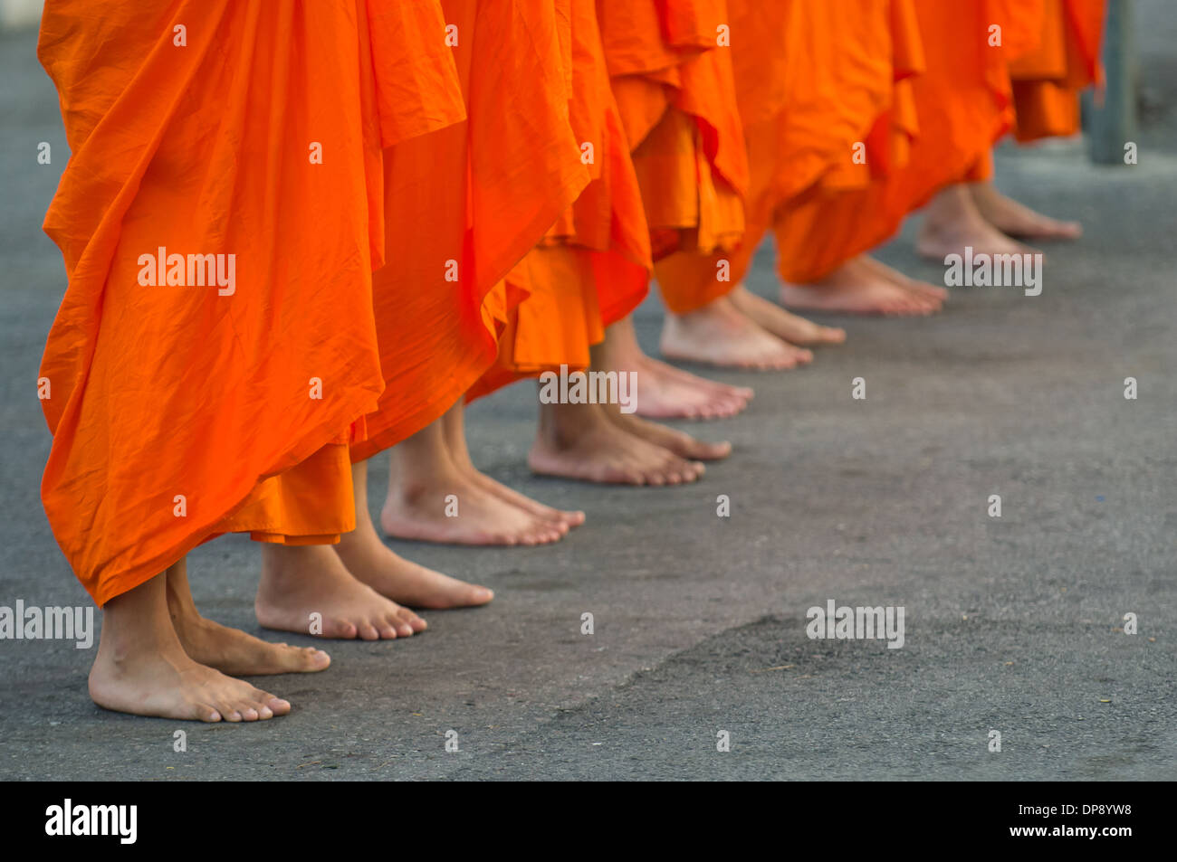 La linea di monaci piedi durante la mattina alms dando, Wat Benchamabophit (Tempio in marmo), Bangkok, Thailandia Foto Stock