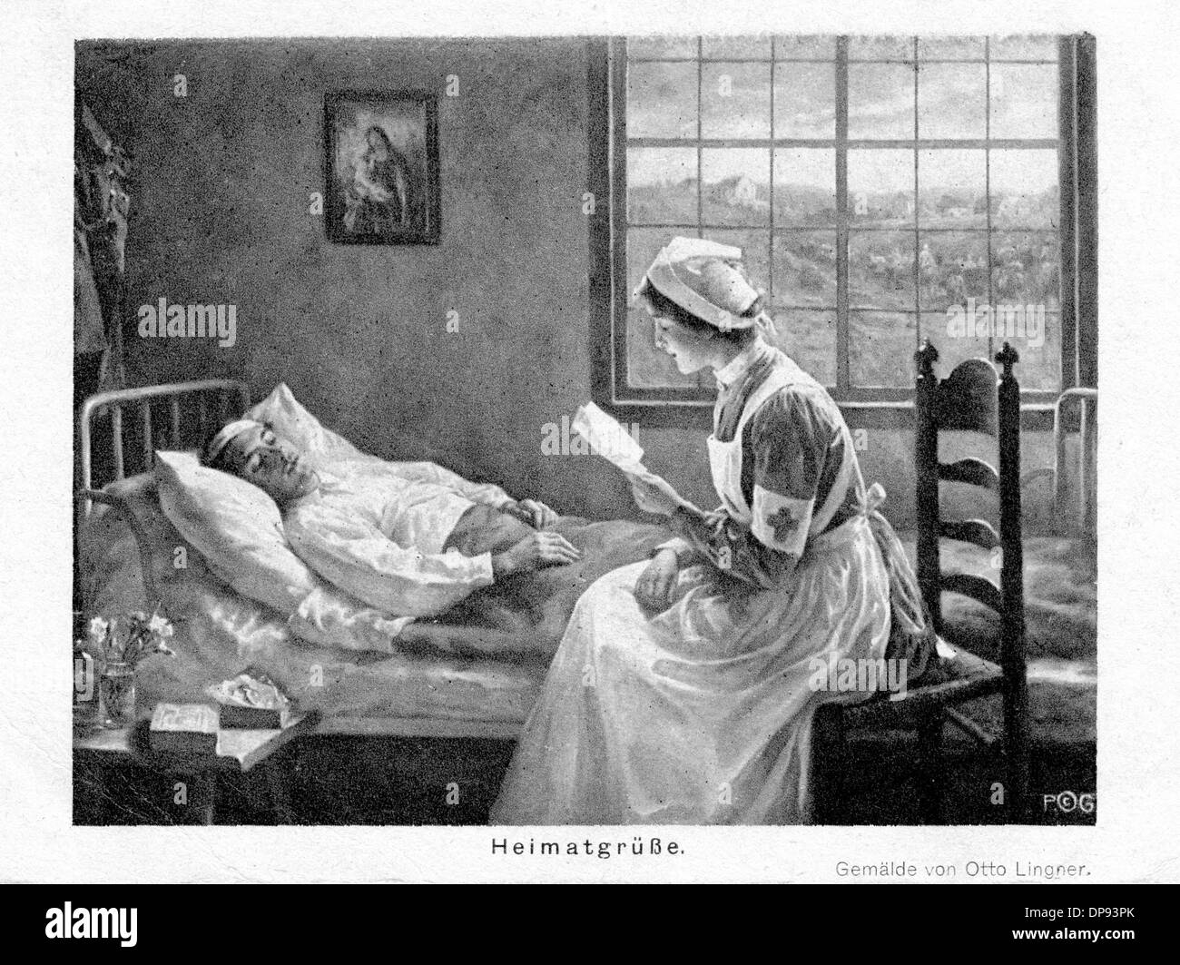 Un fieldpostcard mostra la pittura di Otto Lingner, che raffigura un infermiere nella sua uniforme con una croce rossa distintivo seduta sul letto di un soldato ferito. La cartolina, che è stato pubblicato da Verlag der Photographischen Gesellschaft Berlin, è stata usata durante la Seconda Guerra Mondiale con la sottovoce "Saluti da casa'. Foto: Sammlung Sauer Foto Stock