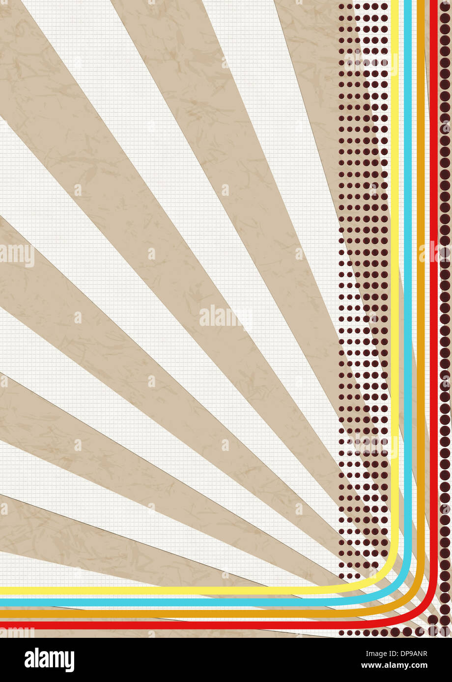 Illustrazione di uno stile retrò sfondo con diverse dimensioni di punti, linee colorate, quadrato bianco e beige testurizzata raggi. Foto Stock