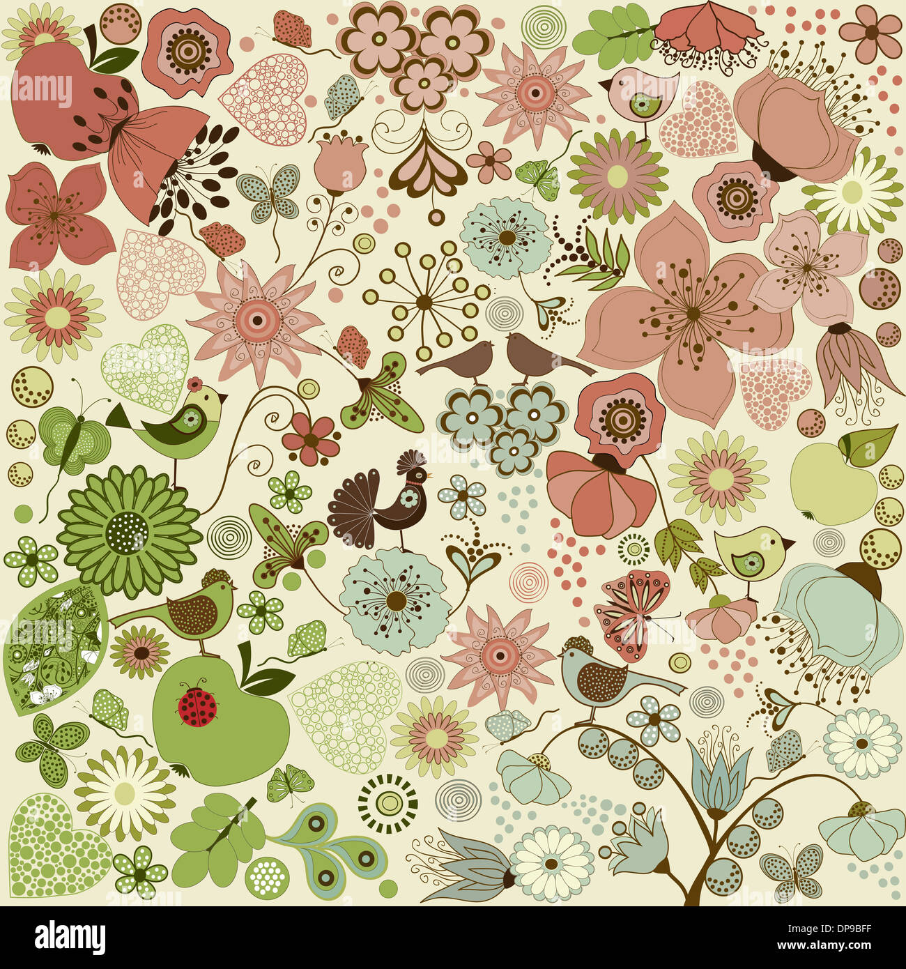 Sfondo astratto con Apple, uccelli, fiori e farfalle Foto Stock