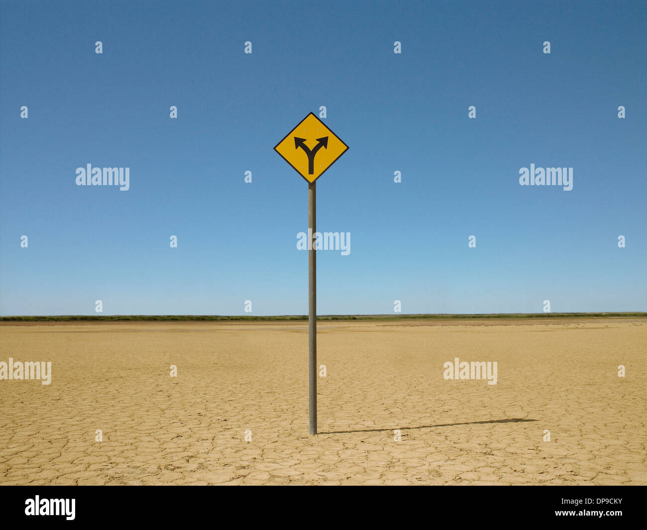 Doppia freccia segno sul paesaggio arido Foto Stock