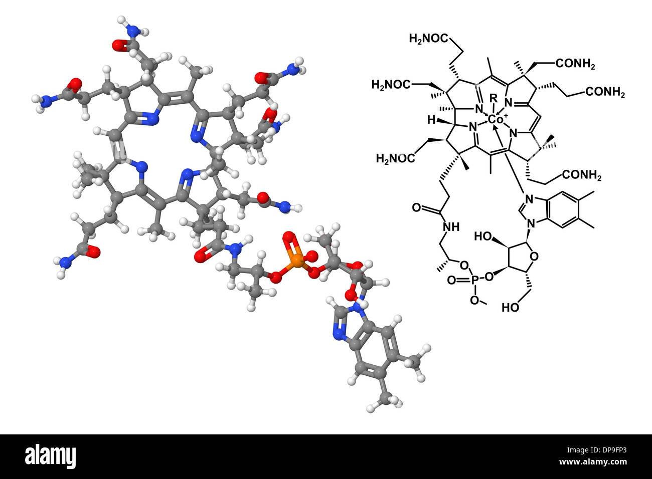 Vitamina B12 molecola con formula chimica isolati su sfondo bianco Foto Stock