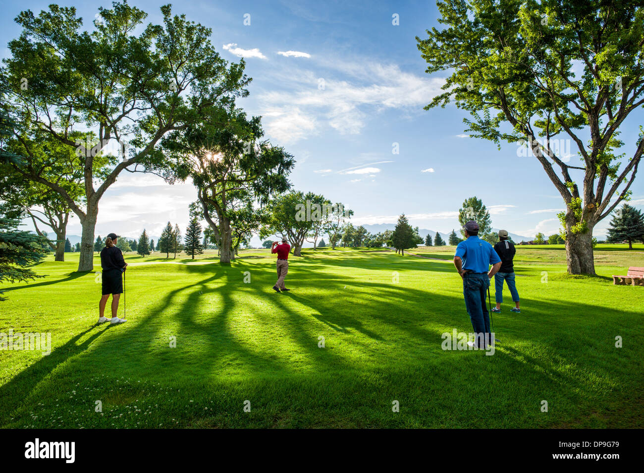 Vista retroilluminato del tardo pomeriggio luce su nove lussureggianti foro Salida, Colorado, Campo da Golf Foto Stock