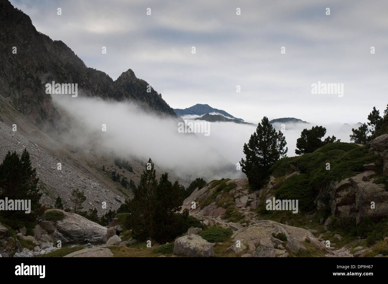 Bassa nube su Vallee de Gaube nei Pirenei francesi Foto Stock