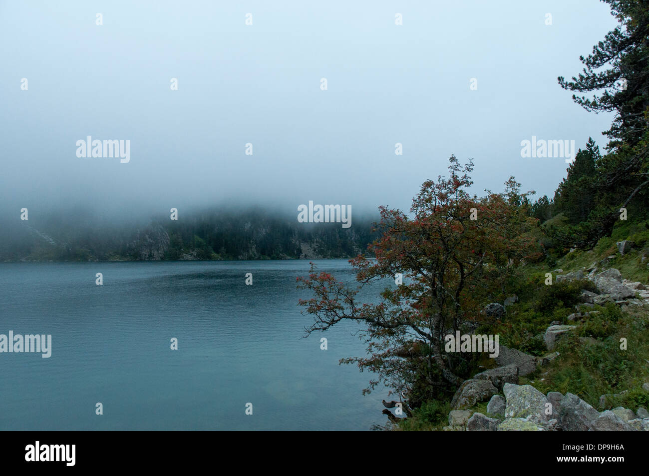 Basse nubi appesa sopra il Lac de Gaube nella Vallée de Gaube nei Pirenei francesi Foto Stock