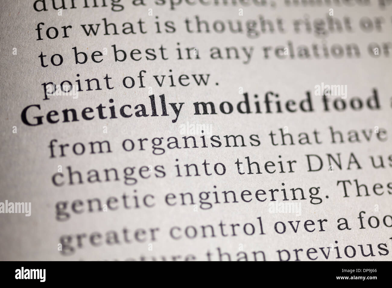 Fake Dizionario, definizione del dizionario di alimenti geneticamente modificati. Foto Stock
