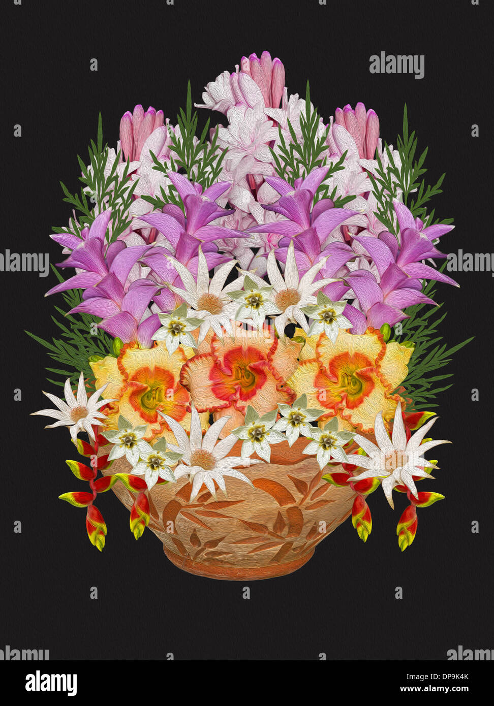 Spettacolare arte floreale con sentori di viola, bianco, rosa e albicocca fiori di primavera in ornati in vaso in terracotta su sfondo nero Foto Stock