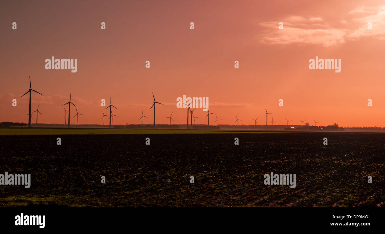 Le turbine eoliche di sunrise nel paesaggio Olandese Foto Stock