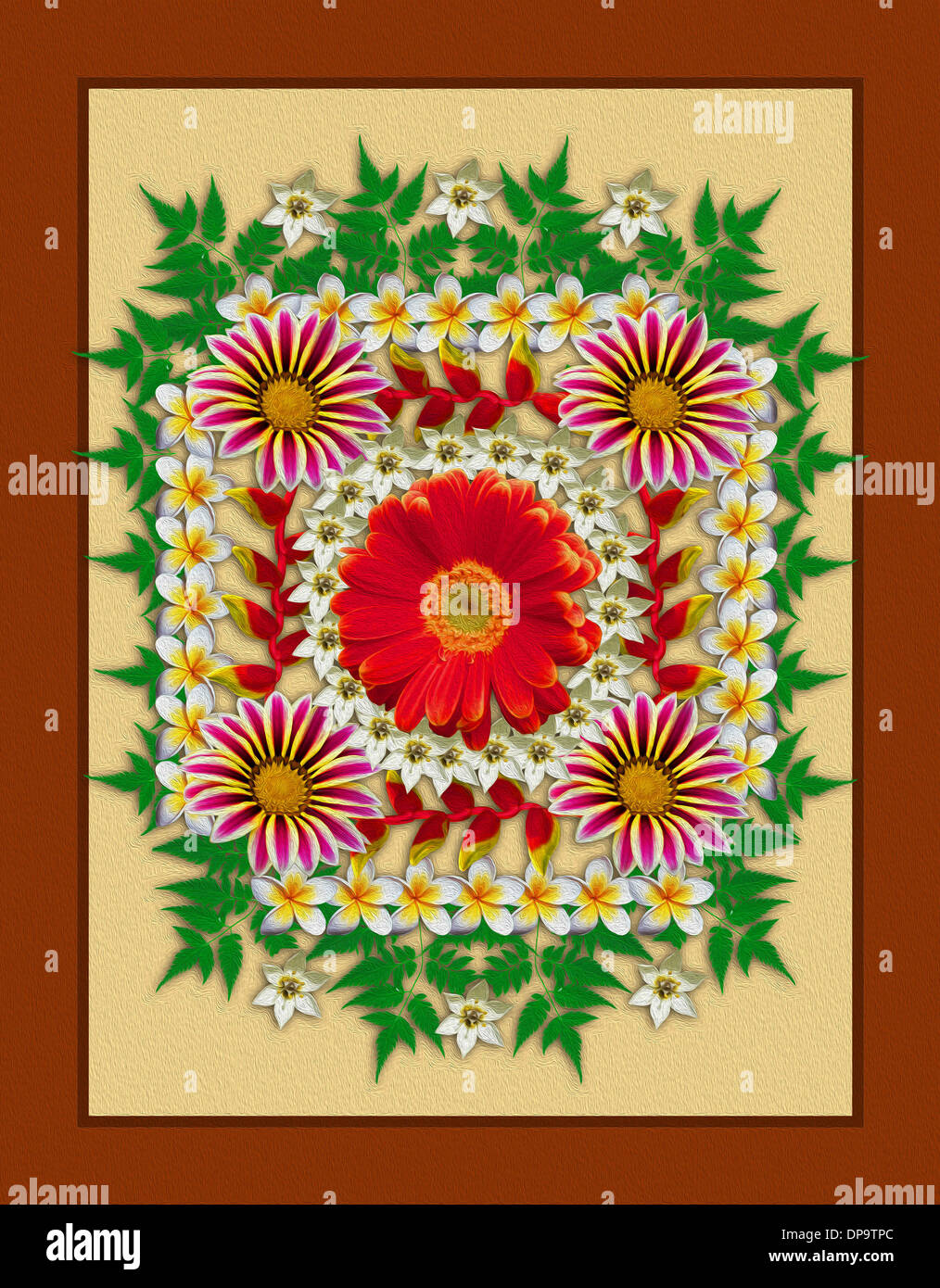 Spettacolare arte floreale - disegno geometrico frangipani, Gazania, e gerbera fiori di primavera e foglie contro lo sfondo di albicocche Foto Stock