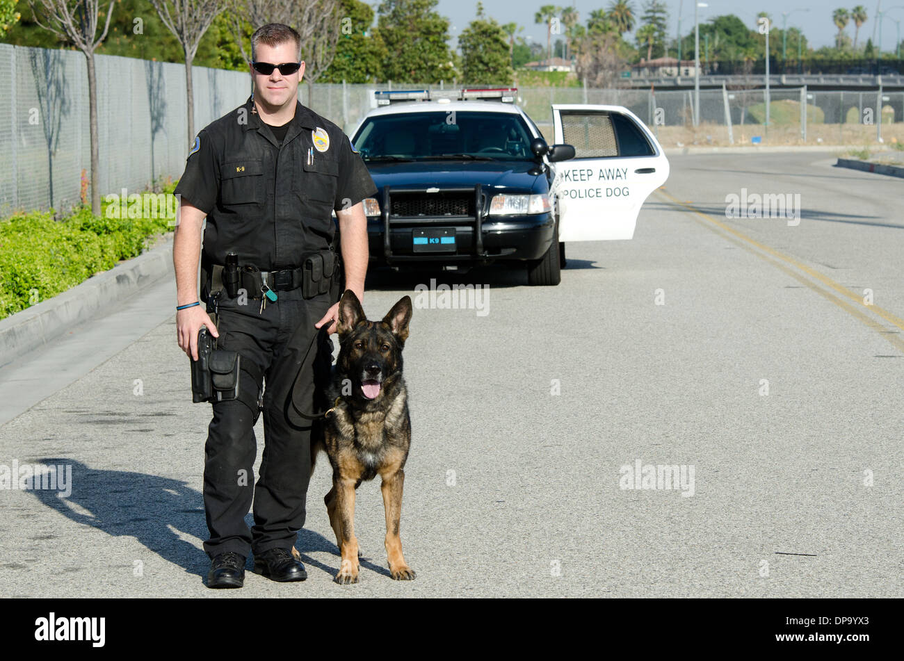 Un K9 funzionario di polizia con il suo cane. Foto Stock