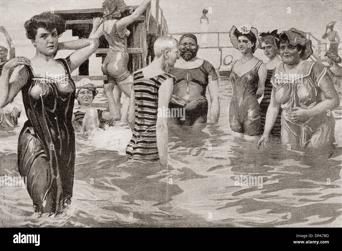 Uomini e donne del XIX secolo i costumi da bagno Foto Stock