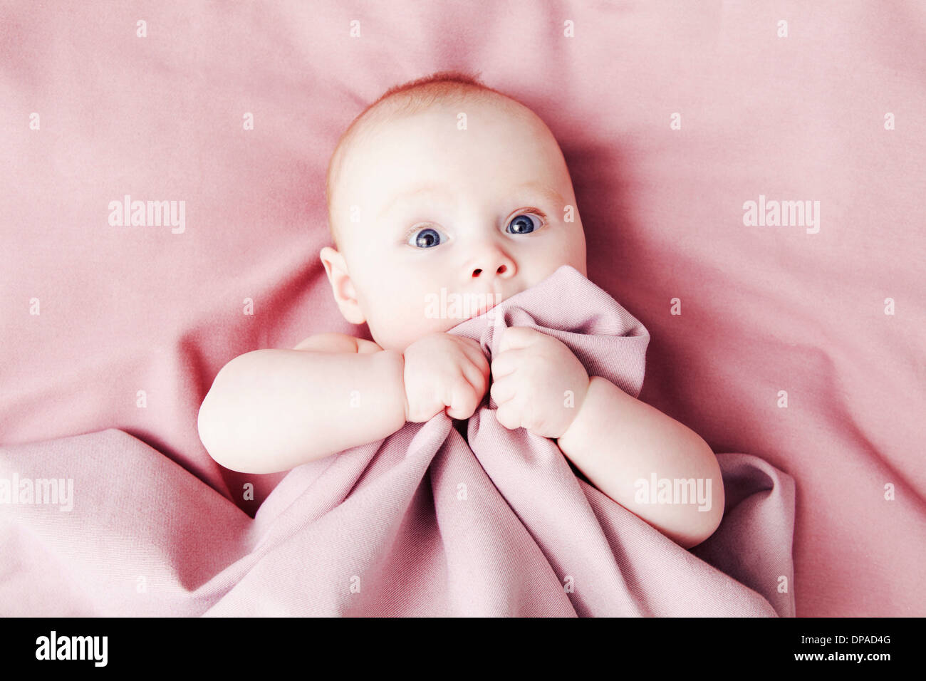 Baby girl sulla coperta rosa Foto Stock