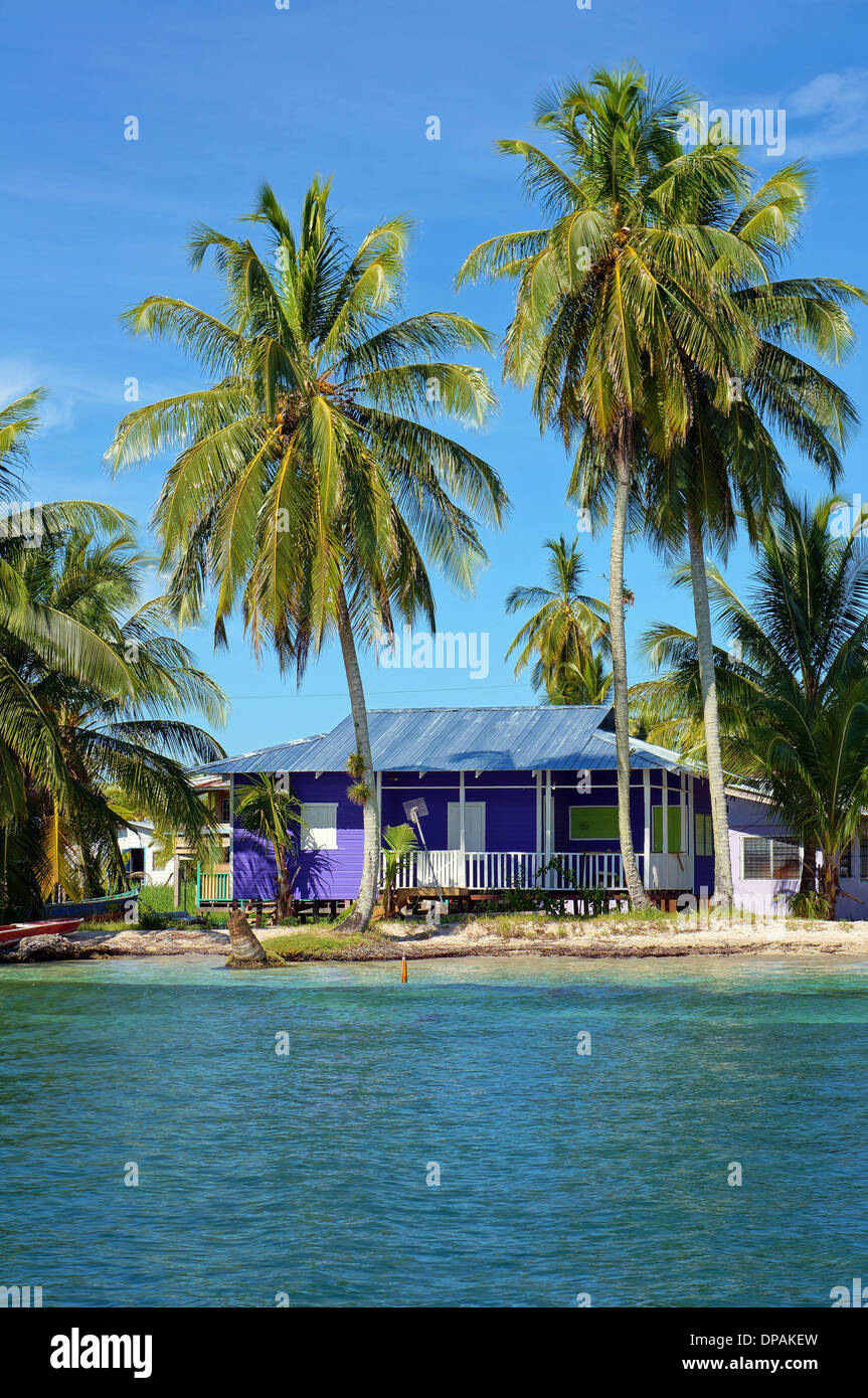 Spiaggia tranquilla casa sotto le palme da cocco e mare dei Caraibi Foto Stock