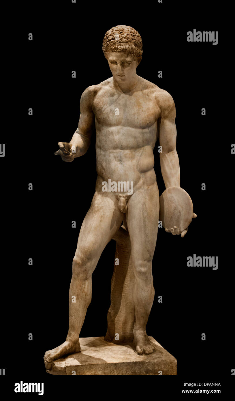 Atleta tenendo un discus 130-150 Romano la copia dell'annuncio di un 'discophore' del bronzo secondo Naucydes 400 BC Greco in Grecia Foto Stock