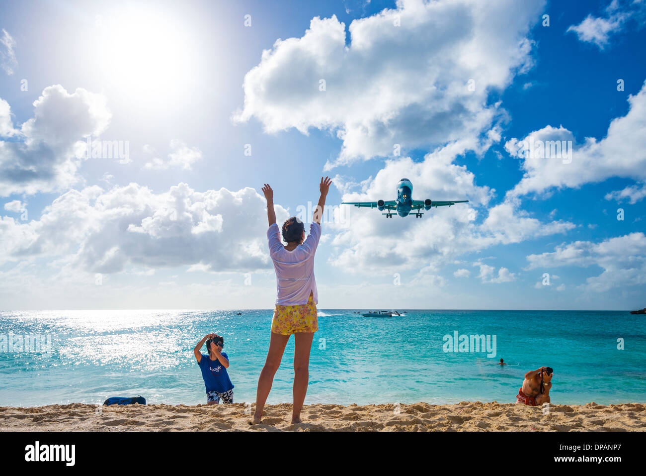 Approcci aereo Maho Beach. Foto Stock