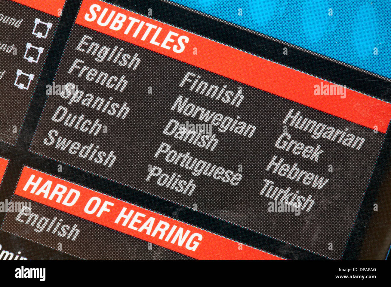 I sottotitoli sui DVD caso, con problemi di udito in inglese Foto Stock