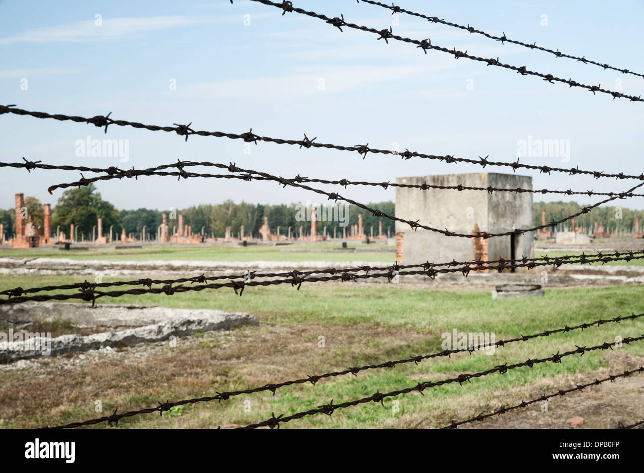 Filo spinato e ruderi di ex barrack alloggiamento, Auschwitz Birkenau II campo di concentramento Foto Stock