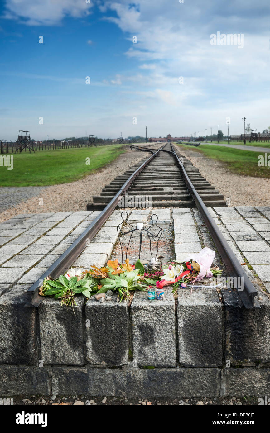 Terminazione di binari ferroviari che ha portato nelle camere a gas, Auschwitz Birkenau II campo di concentramento, Polonia, Europa Foto Stock